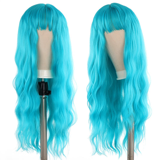 24 Bluish Light Blue Wig - Synthetic Long Straight/Body Wave Middle Part - Heat Resistant