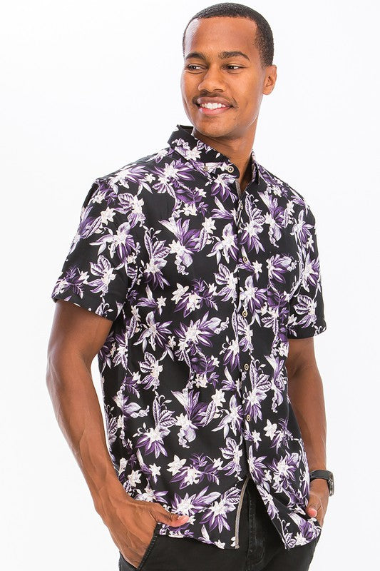 Weiv Mens Print Hawaiian Button Down Shirt