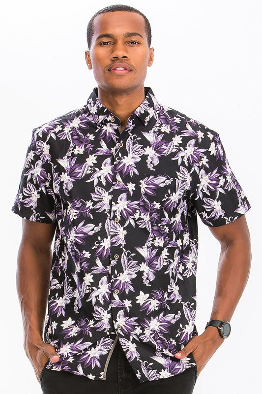 Weiv Mens Print Hawaiian Button Down Shirt