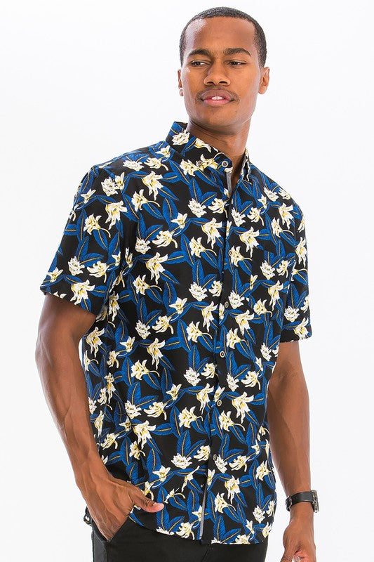 Weiv Mens Print Hawaiian Button Down Shirt