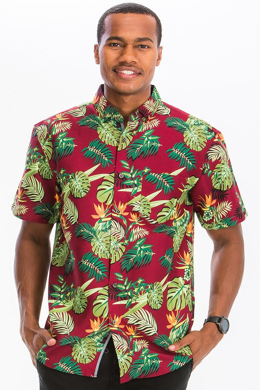 Weiv Mens Print Hawaiian Button Down Shirt