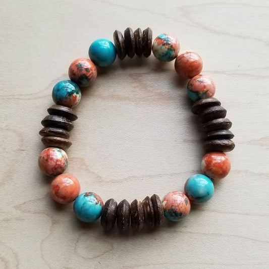 Pulsera elástica multicolor de turquesa y madera