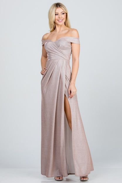 Off the shoulder glittery jacquard gathered gown