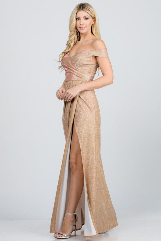 Off the shoulder glittery jacquard gathered gown