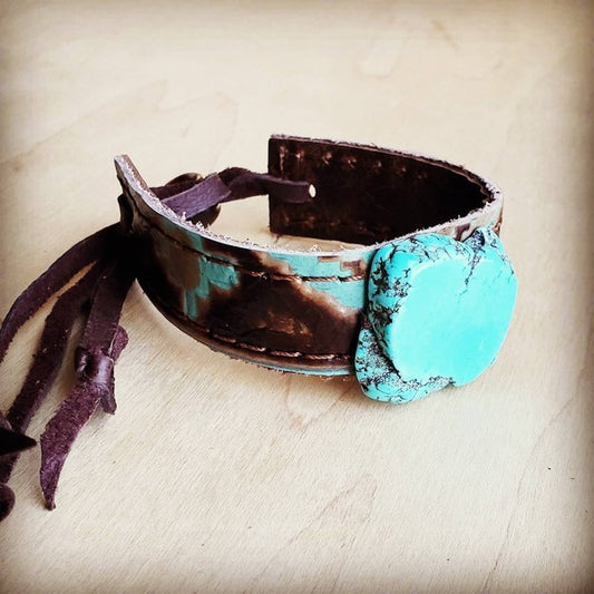 Narrow Leather Cuff w/ Turquoise Slab-Santa Fe