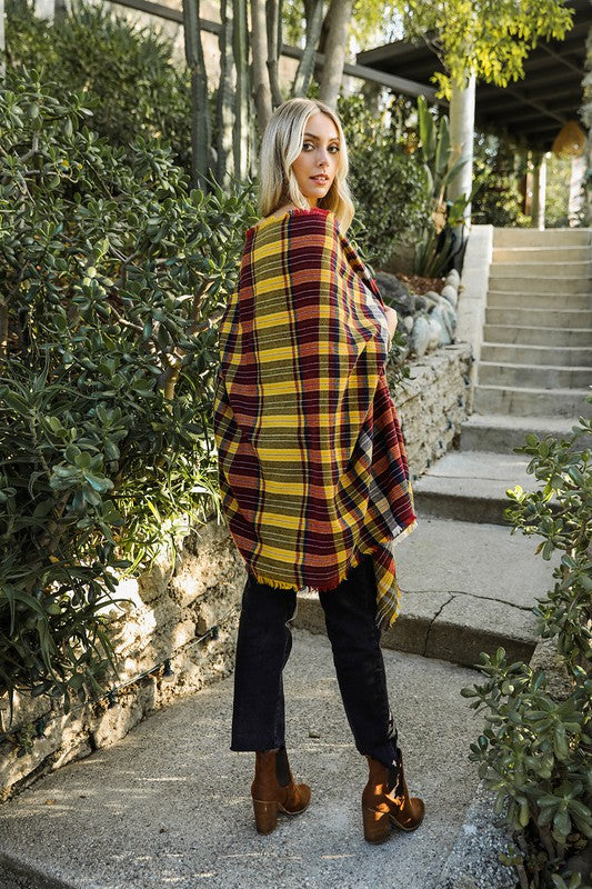 Tartan Check Pocket Frayed Edge Ruana Wrap Scarf