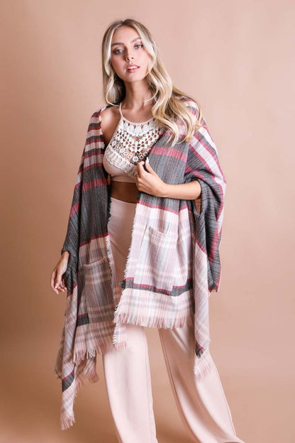 Tartan Check Pocket Frayed Edge Ruana Wrap Scarf