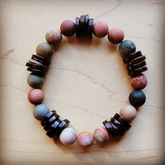 Frosted Picasso Jasper and Wood Stretch Bracelet