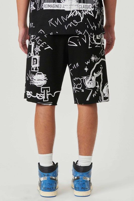 Shorts con estampado de farol y garabatos a mano en toda la prenda