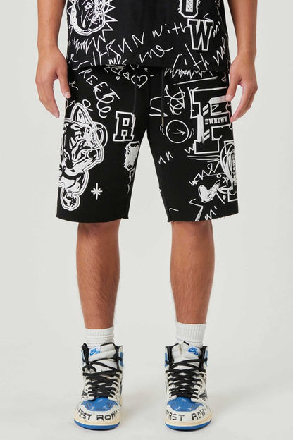 Shorts con estampado de farol y garabatos a mano en toda la prenda