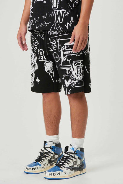 Shorts con estampado de farol y garabatos a mano en toda la prenda