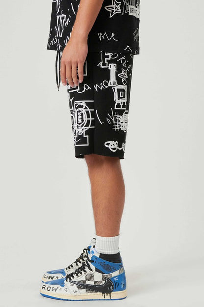 Shorts con estampado de farol y garabatos a mano en toda la prenda