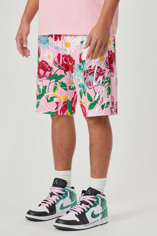 Shorts con estampado integral de rosas