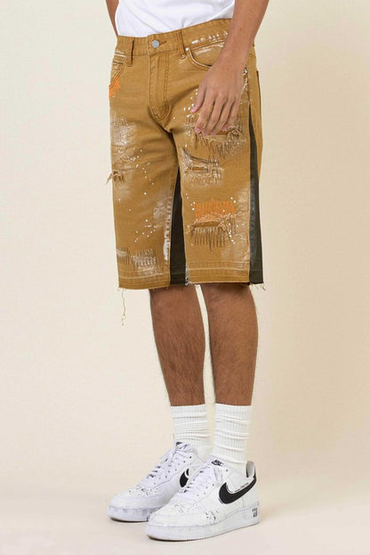 Multi Camo Paneled Released Hem Denim Shorts