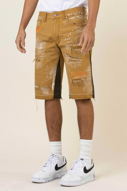 Multi Camo Paneled Released Hem Denim Shorts