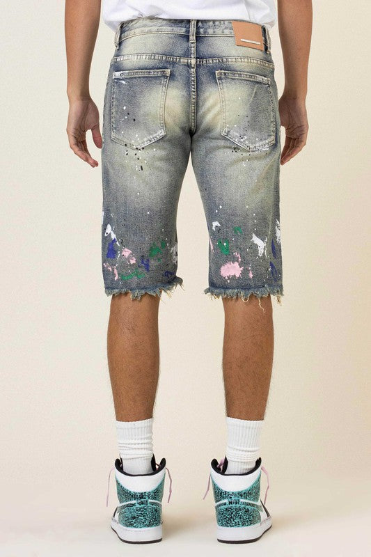 Hand Paint & Logo Print Rip 7 Repair Denim Shorts