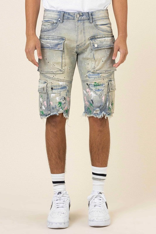 Hand Painted Multi Cargo Denim Shorts