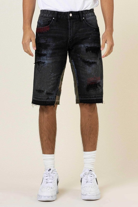 Multi Camo Paneled Released Hem Denim Shorts