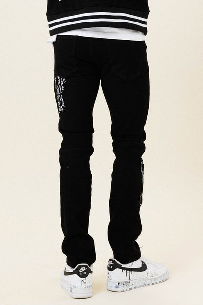 Multi Patch Slim Fit Black Denim Pants