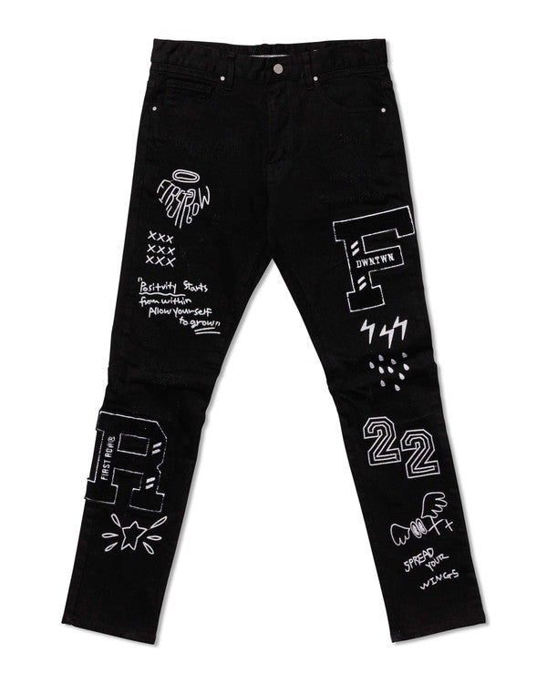 Multi Patch Slim Fit Black Denim Pants