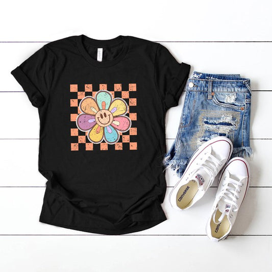 Camiseta con gráfico de manga corta y margaritas a cuadros