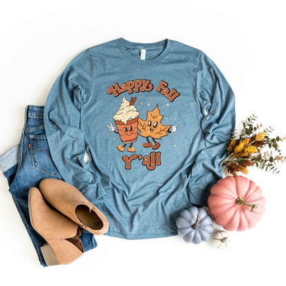 Retro Happy Fall Y'all Leaf Long Sleeve Tee