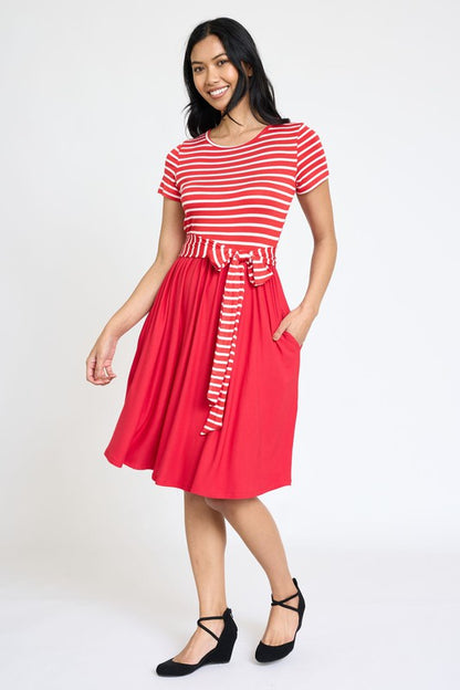 Short Sleeve Stripe Sash Dress