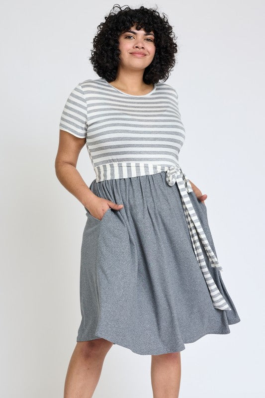 Plus Short Sleeve Stripe Sash Dress