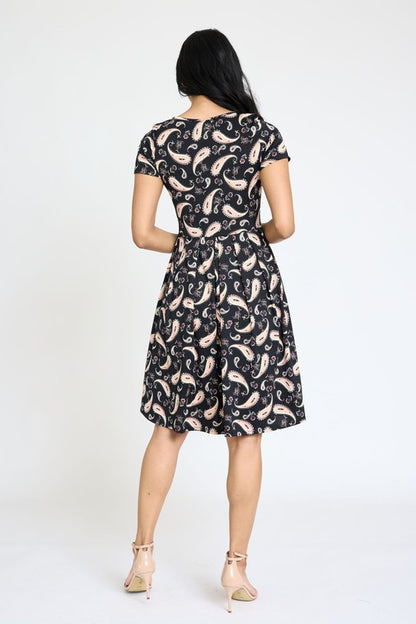 Paisley Short Sleeve Pleated Midi Dress