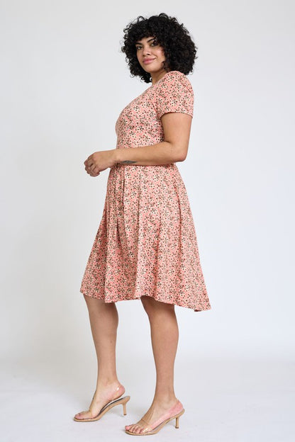 Plus Floral Short Sleeve Pleated Midi Dress