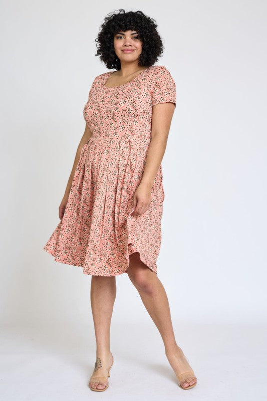 Plus Floral Short Sleeve Pleated Midi Dress