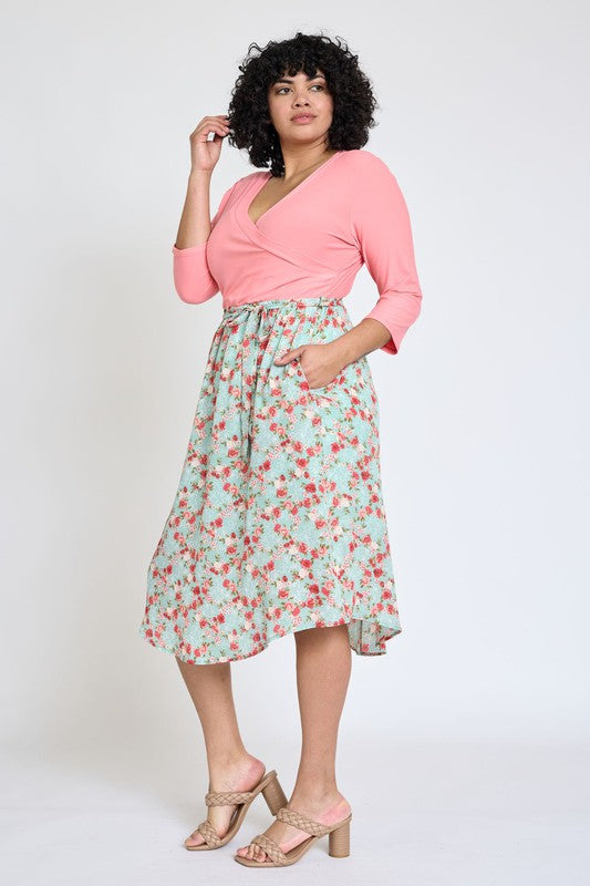 Plus Spring Quarter Sleeve Sash Dress