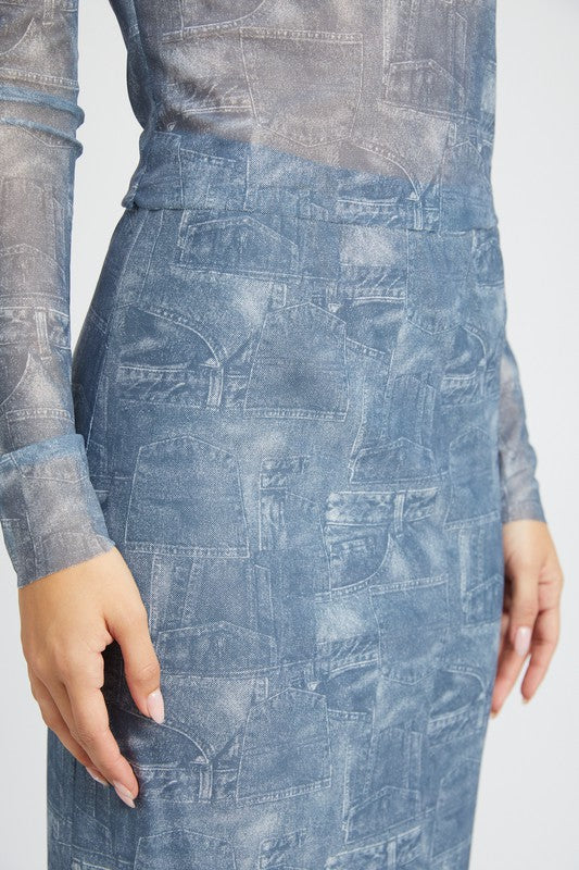 HIGH RISE PRNTED MAXI DENIM SKIRT