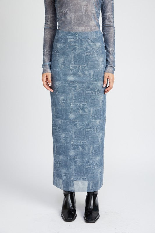 FALDA MAXI DE DENIM CON ESTAMPADO DE TIRO ALTO