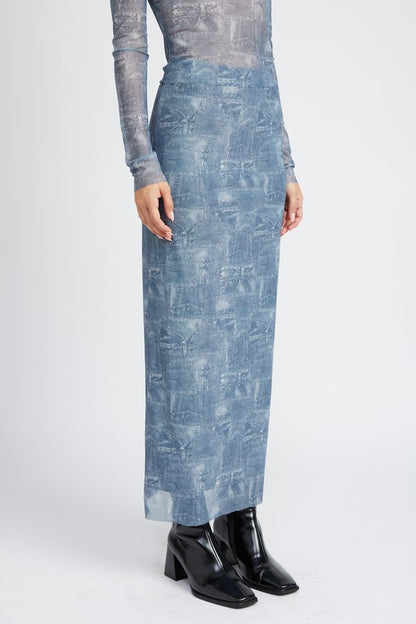 HIGH RISE PRNTED MAXI DENIM SKIRT