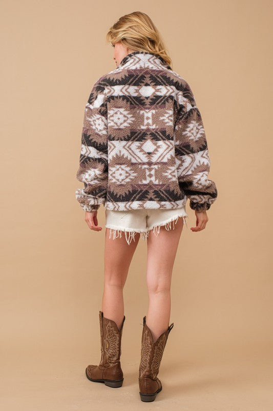 Aztec Teddy Mock Neck Zip Up Pullover