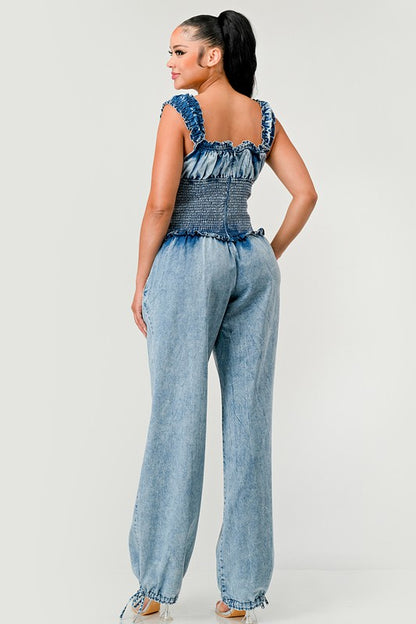 Chambray Charm Ruffled Jumpsuit