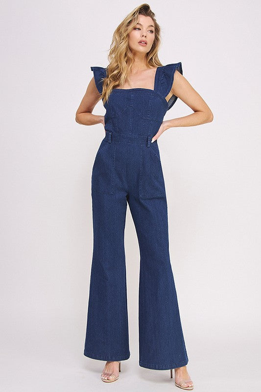 DENIM RUFFLE FLARE LEG JUMPSUIT