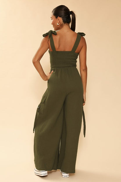 Smocked wide leg cargo jumpsuit