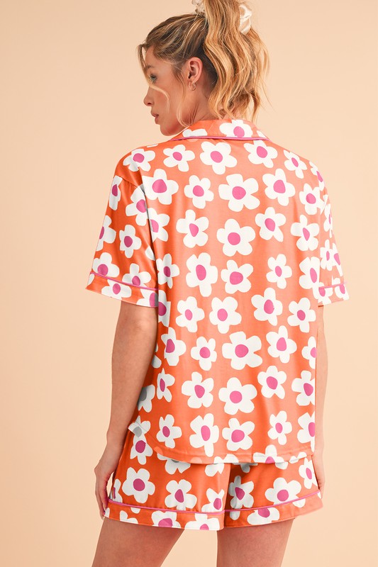 Flower Short Sleeve Shirt Pajamas Set