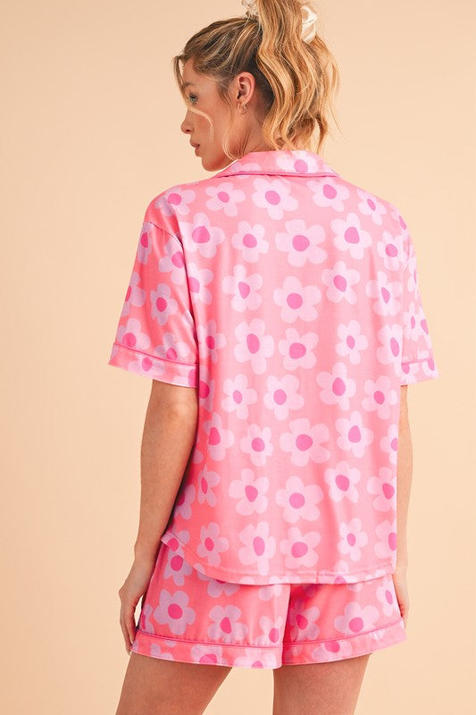 Flower Short Sleeve Shirt Pajamas Set