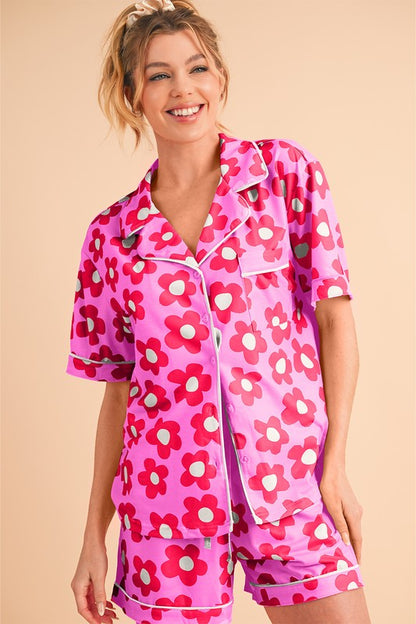 Flower Short Sleeve Shirt Pajamas Set