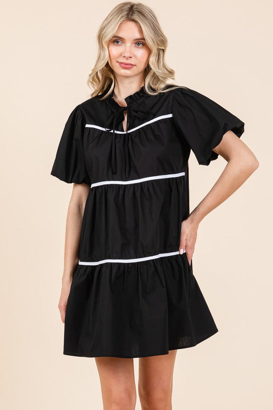 Piping Detailed Babydoll Mini Dress