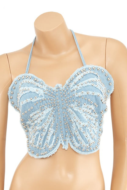 Denim Metal Stud Paved Butterfly Bralette