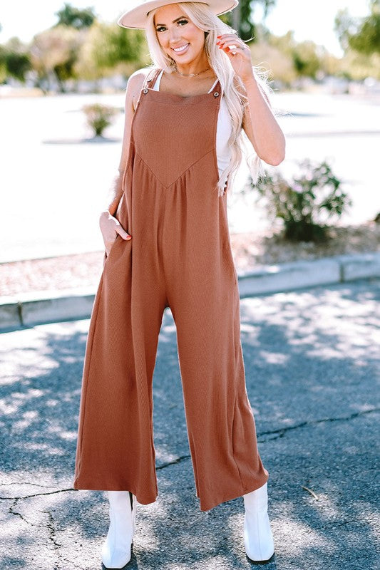 Women Buttoned Straps Ruched Wide Leg Jumpsuit