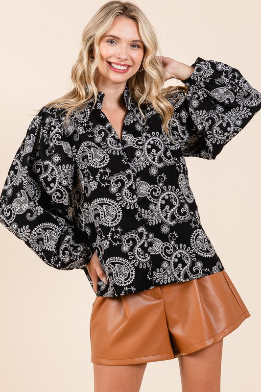 Paisley Eyelet Laced Button-Up Blouse