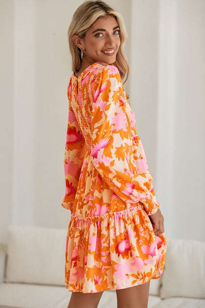 Abstract Smocked Bust Lantern Ruffle Mini Dress