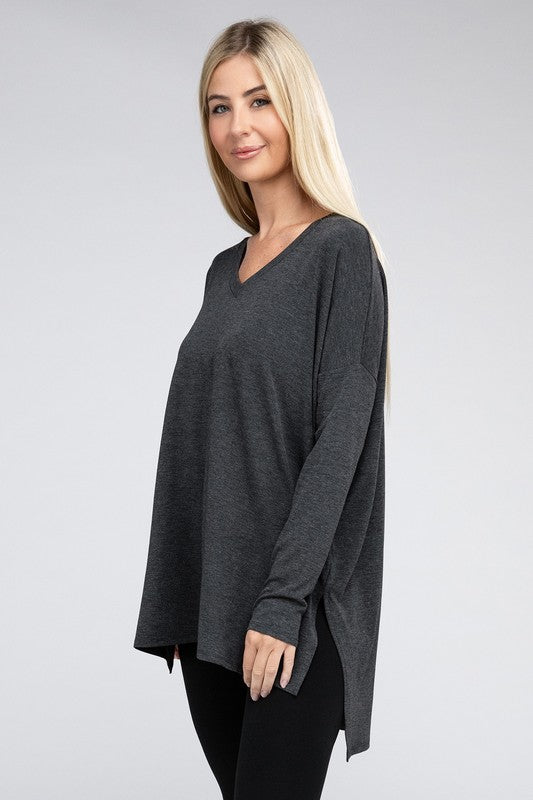 Dolman Top de manga larga con cuello en V y dobladillo alto y bajo con abertura lateral