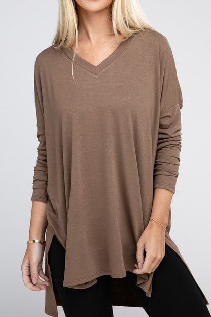 Dolman Top de manga larga con cuello en V y dobladillo alto y bajo con abertura lateral