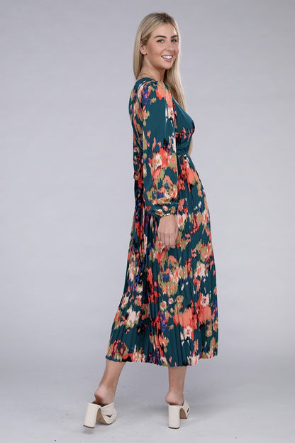 Floral Satin Pleated Maxi Dress